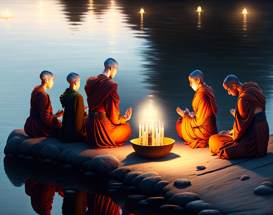 Monks in orange robes meditating by a calm lake at dusk