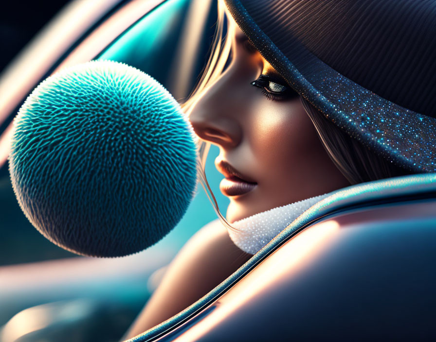 Stylized woman with glowing makeup and hat near textured microphone