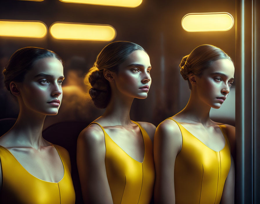 Three women in yellow dresses mirrored with warm lighting