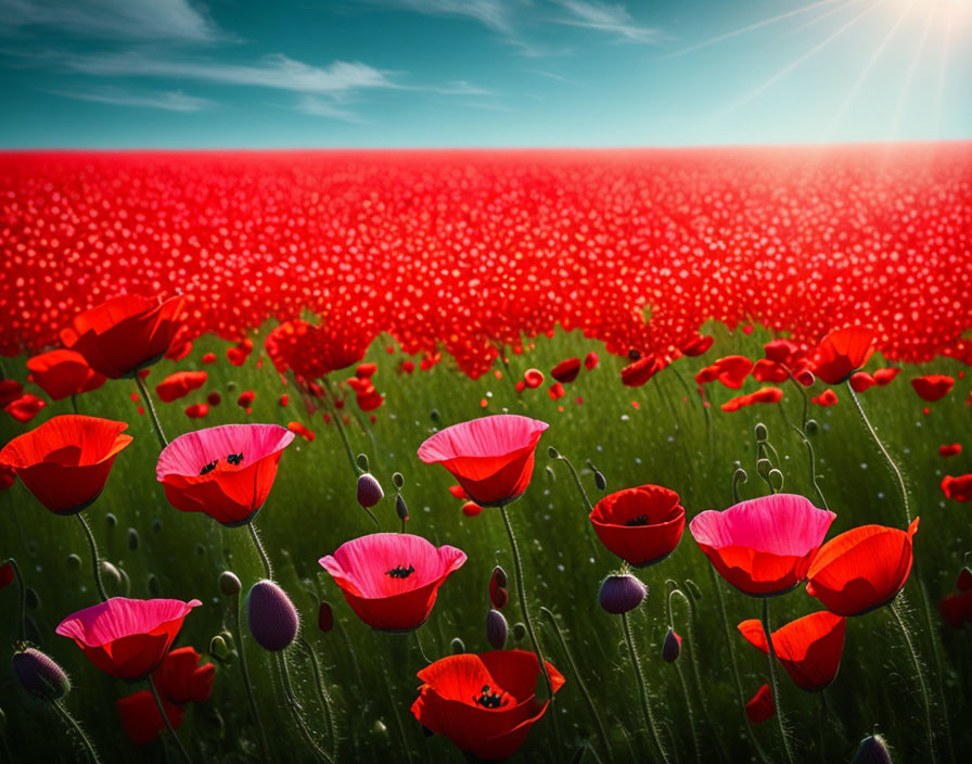 Bright Red Poppies Field Under Sunny Sky