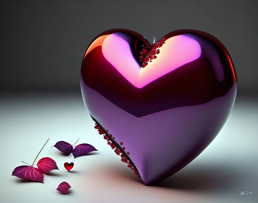 Heart-shaped glossy object with smaller heart, purple leaves, and gray background