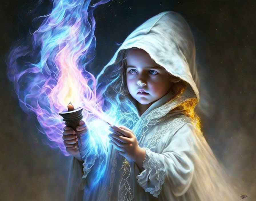 Young girl in hooded cloak holding mystical blue flame bowl with intense gaze