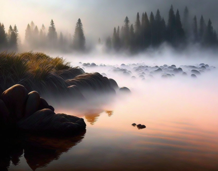 Tranquil Dawn Landscape with Reflective Lake and Forest