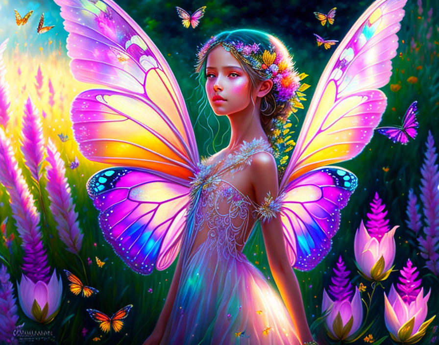 Woman with luminous butterfly wings in magical forest with flowers & butterflies