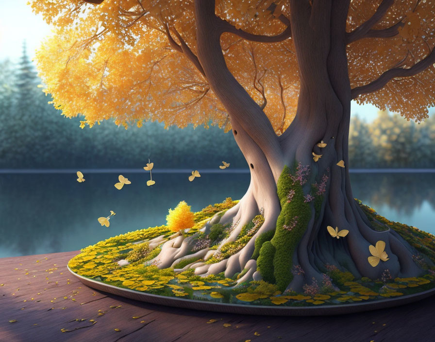 Digital art: Large tree with golden leaves, butterflies, island, tranquil lake