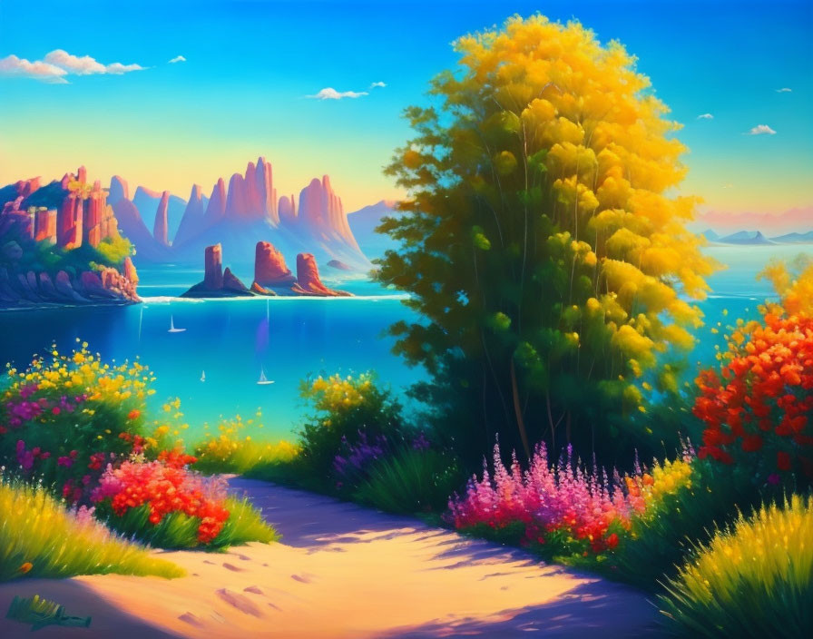 Colorful seaside landscape with cliffs, blue sky, boats, and floral path