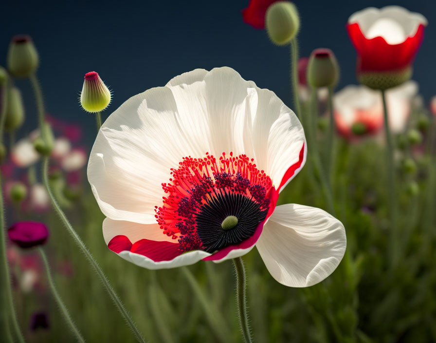 Vibrant white and red poppy flower on soft-focus background