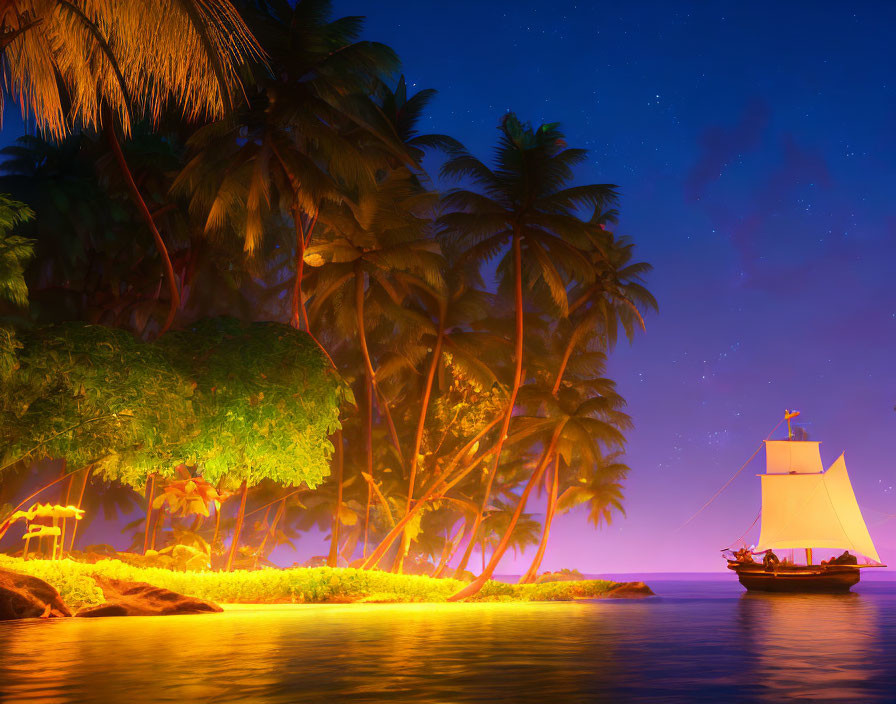 Tropical Island with Palm Trees, Sailing Ship, and Starry Night Sky