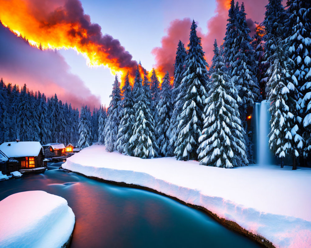 Winter scene of snow-covered trees, cabins, and river under fiery sunset sky