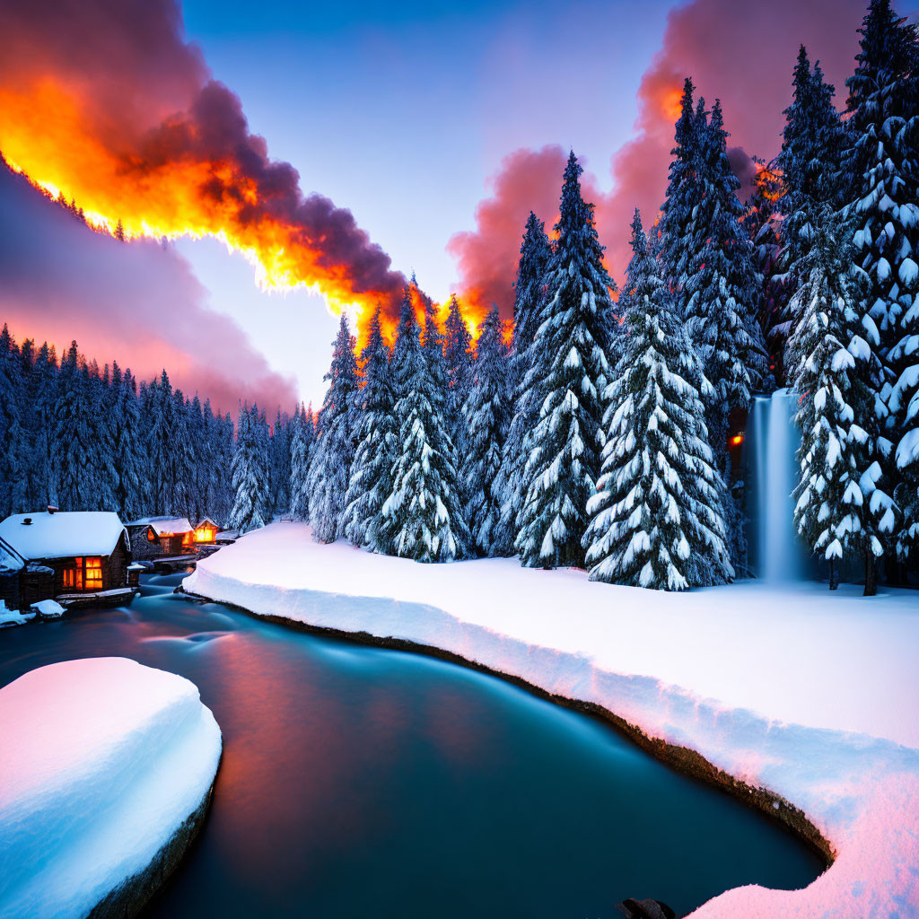 Winter scene of snow-covered trees, cabins, and river under fiery sunset sky