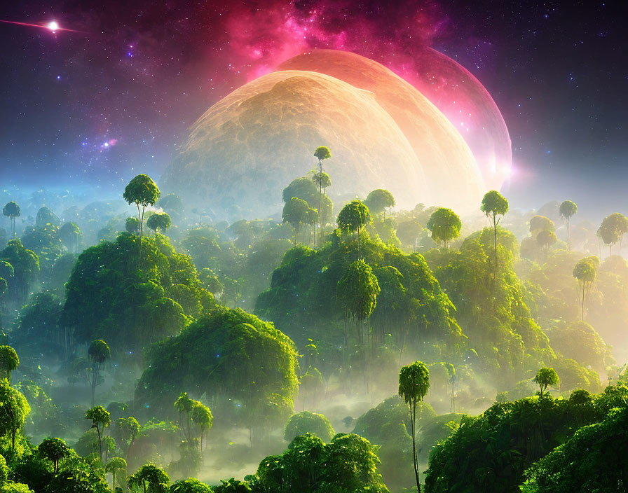 Fantasy sky over lush green forest with mist and large planet