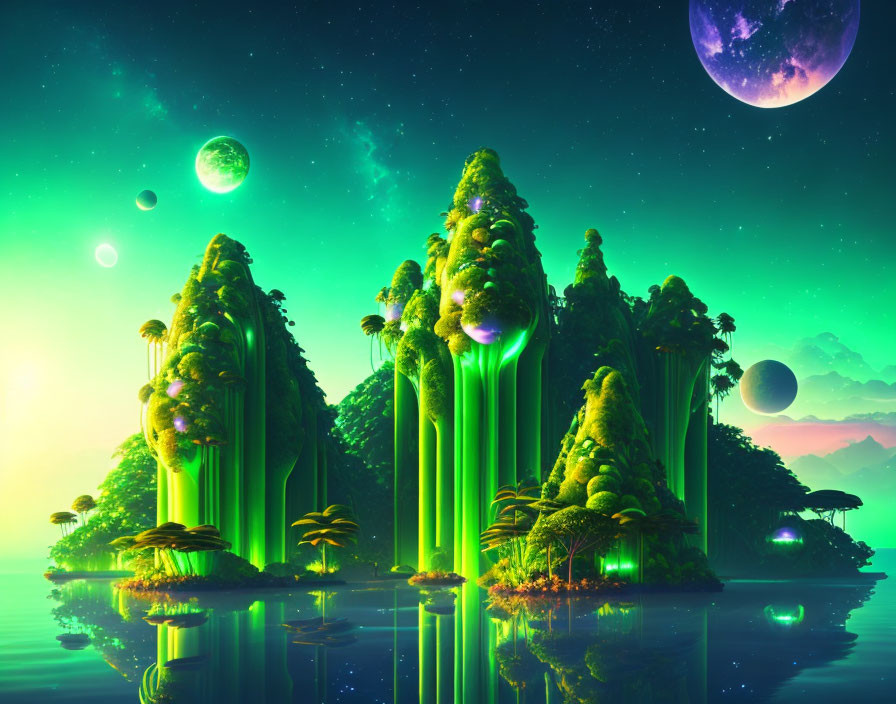 Luminous green foliage in vibrant sci-fi landscape