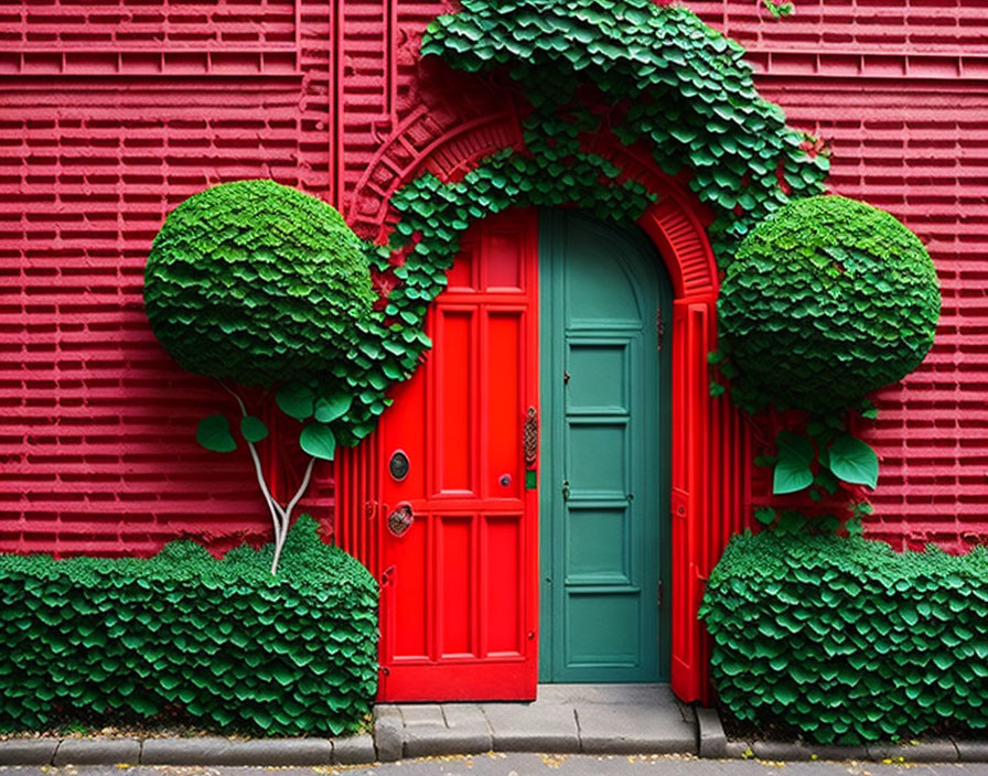 Vibrant red door in textured wall with green topiary and archway