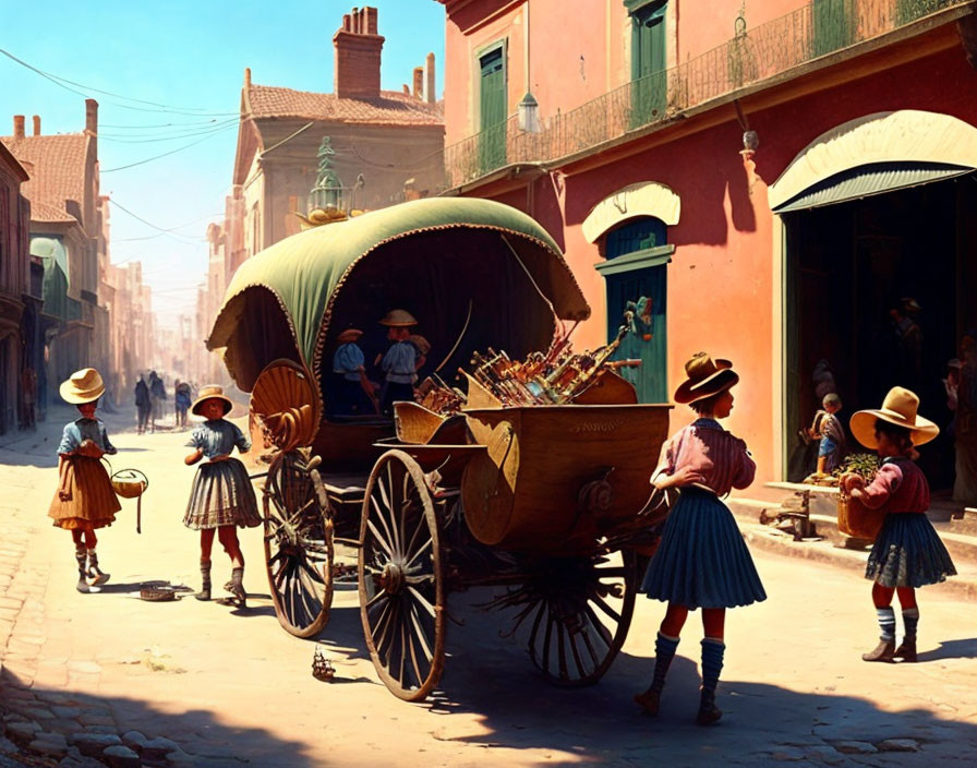 Historical scene: Children watch horse-drawn cart on cobblestone street