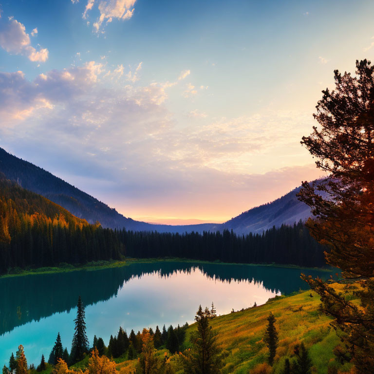 Vibrant sunset sky reflected in serene mountain lake