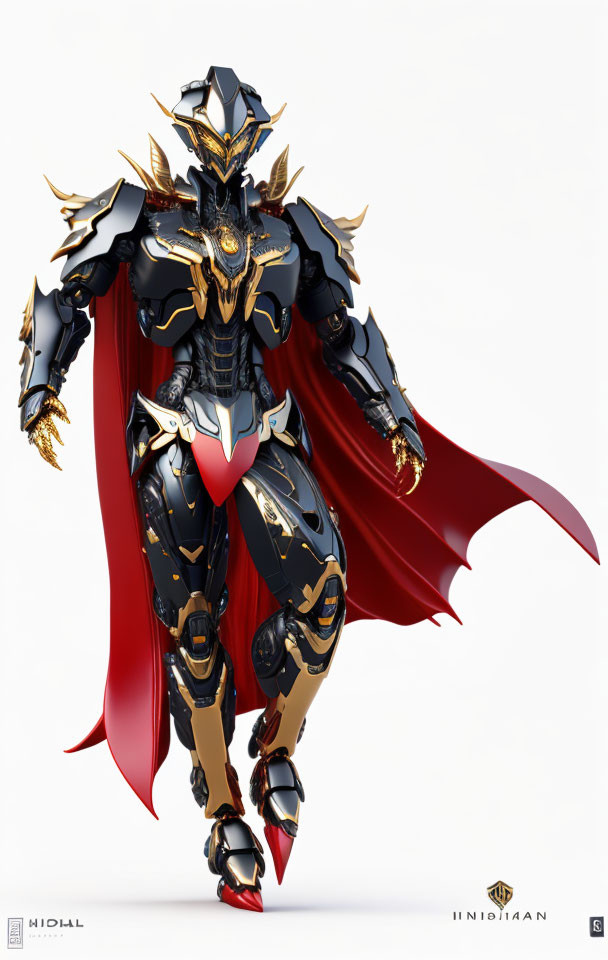 Fantastical armored warrior in black and gold suit with red accents and cape on white background