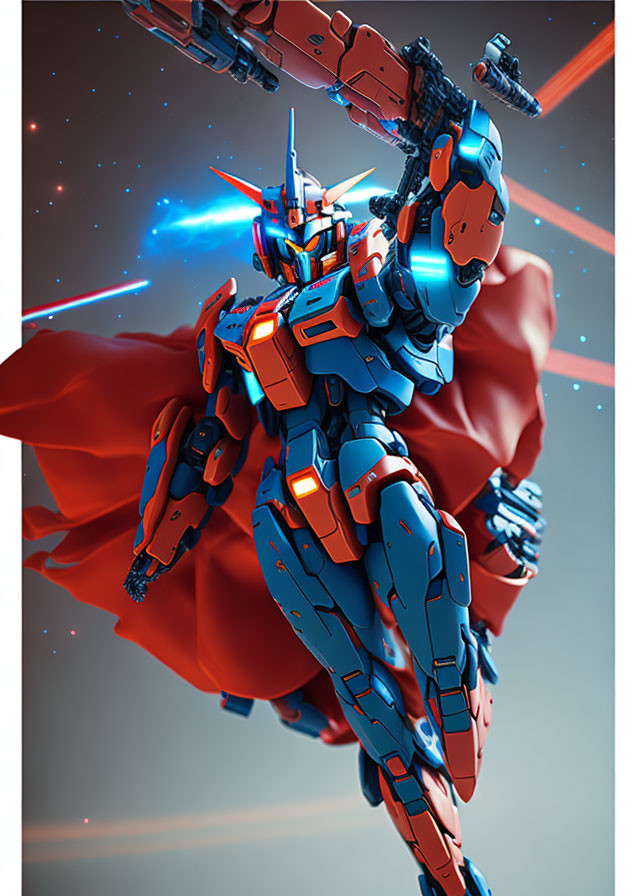 Detailed Illustration of Red and Blue Mech with Cape in Space Setting