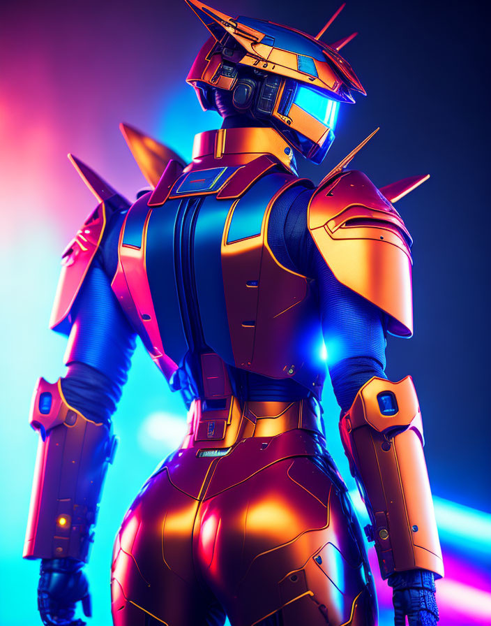 Futuristic robot in blue and gold armor against neon-lit backdrop