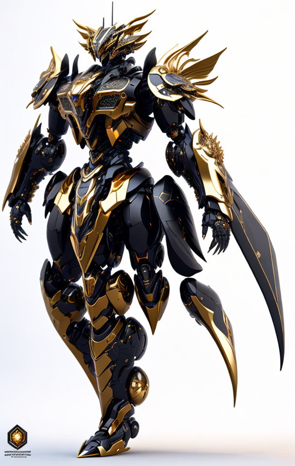 Detailed black and gold armored mech with sharp edges and intricate designs