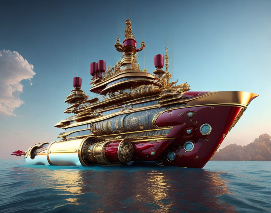 Luxurious Futuristic Yacht with Gold Detailing on Calm Ocean Waters