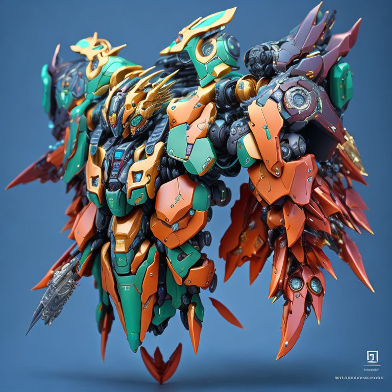 Colorful Detailed Mecha with Golden, Green, and Orange Accents