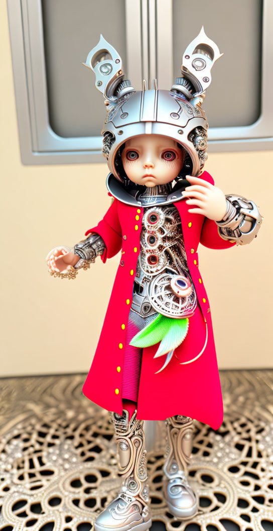 Whimsical doll-like character in steampunk red coat with mechanical accessories