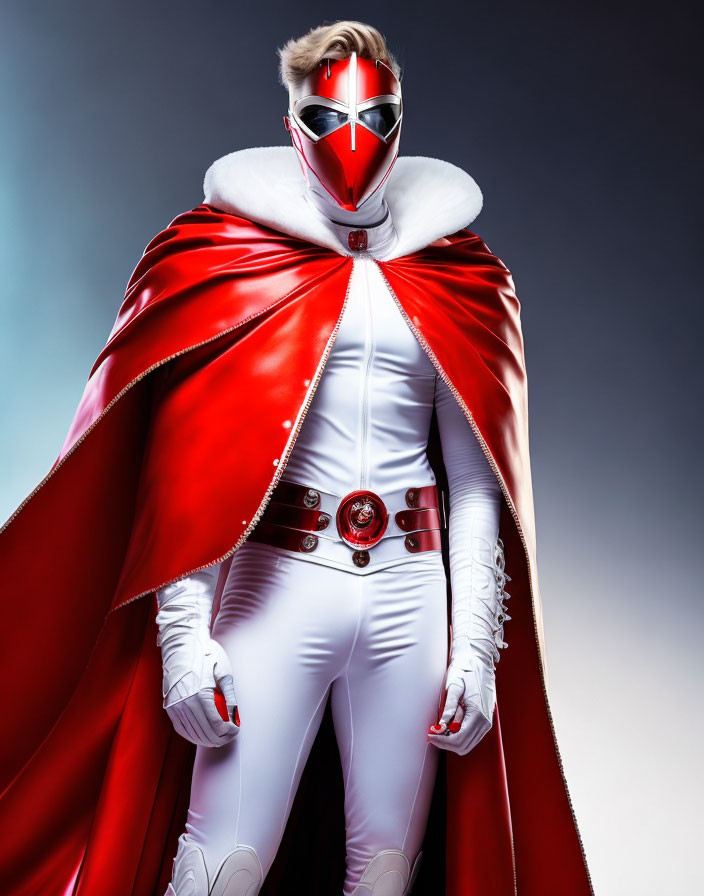 Futuristic white and red superhero costume with metallic mask and cape