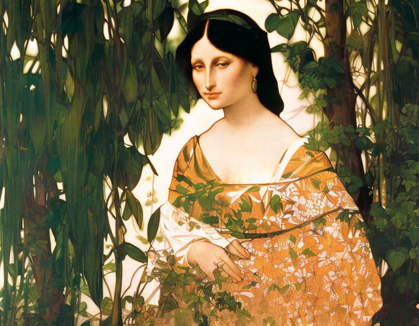 Serene woman in orange shawl among green willow branches