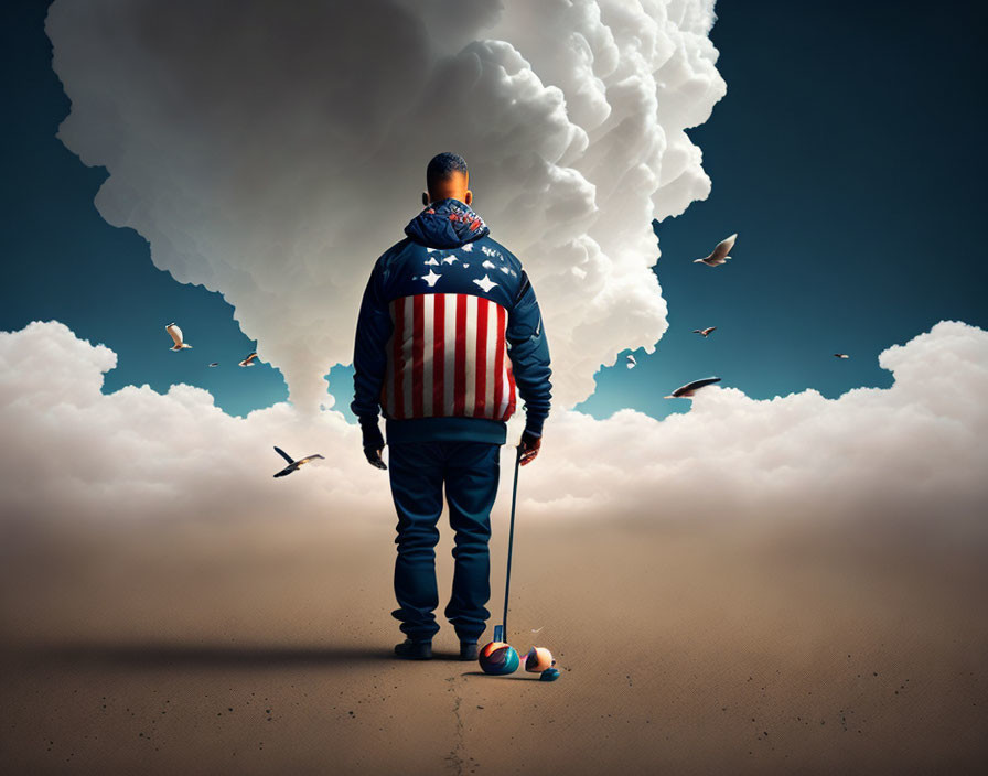 Person in star-spangled jacket with golf club in front of large cloud and flying birds