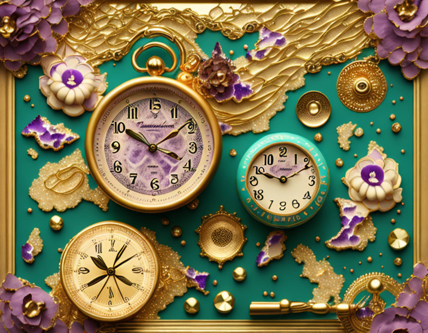 Vintage Pocket Watches, Gold Jewelry, Purple Flowers on Emerald Background