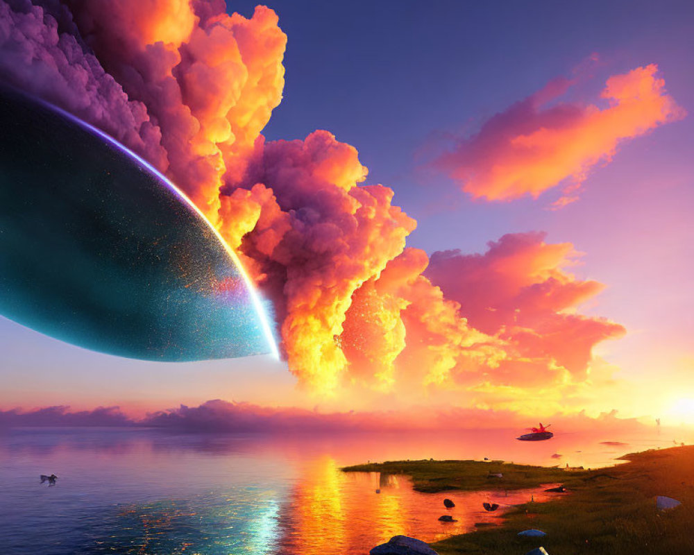 Colorful digital artwork: Oversized planet near coastal landscape under dramatic sky