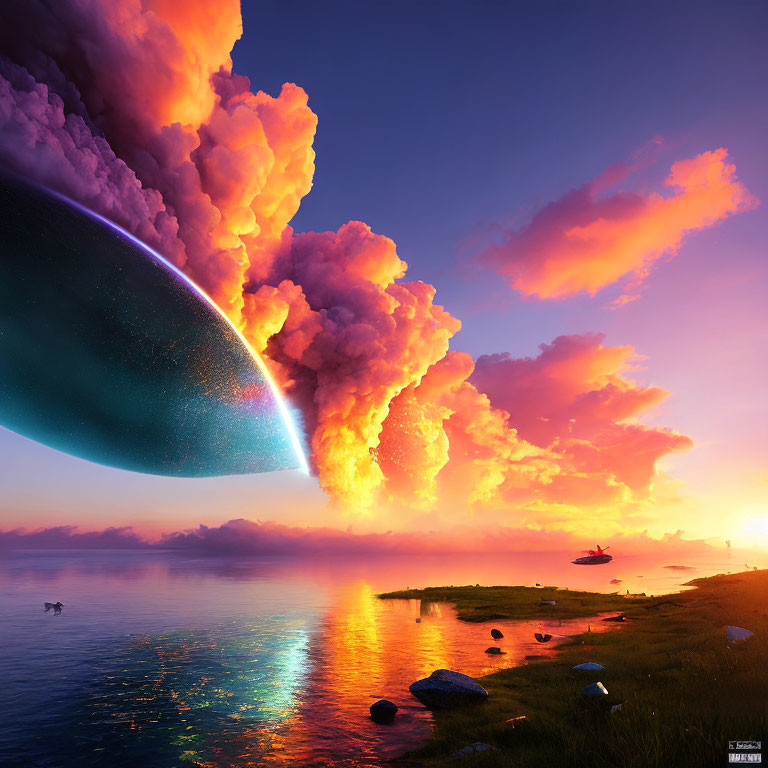 Colorful digital artwork: Oversized planet near coastal landscape under dramatic sky