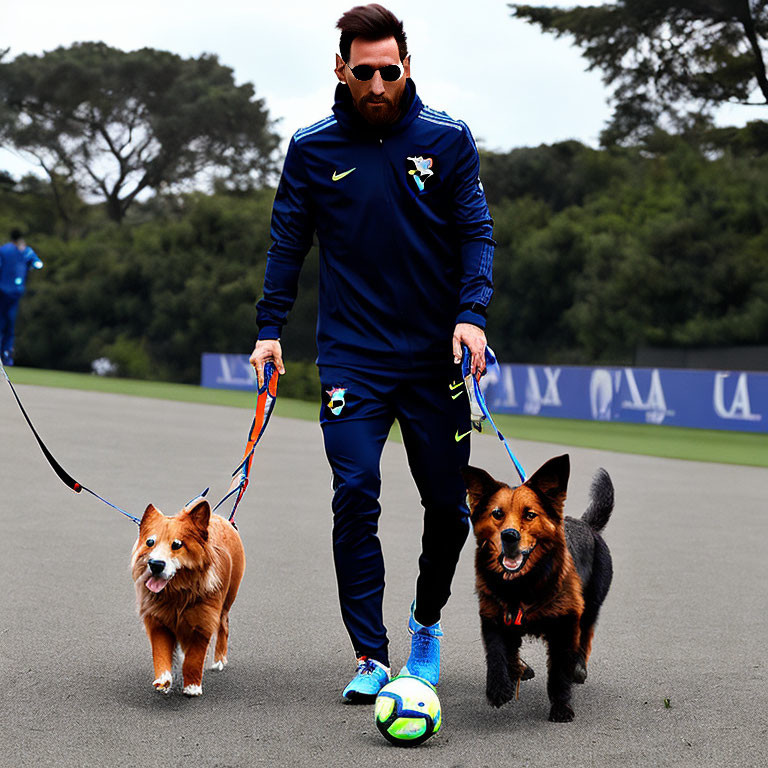 Person in Sports Attire Balances Soccer Ball While Walking Two Dogs