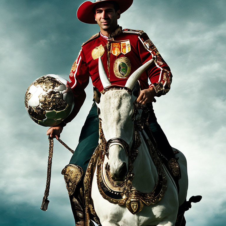 Matador on White Horse in Traditional Costume under Blue Sky