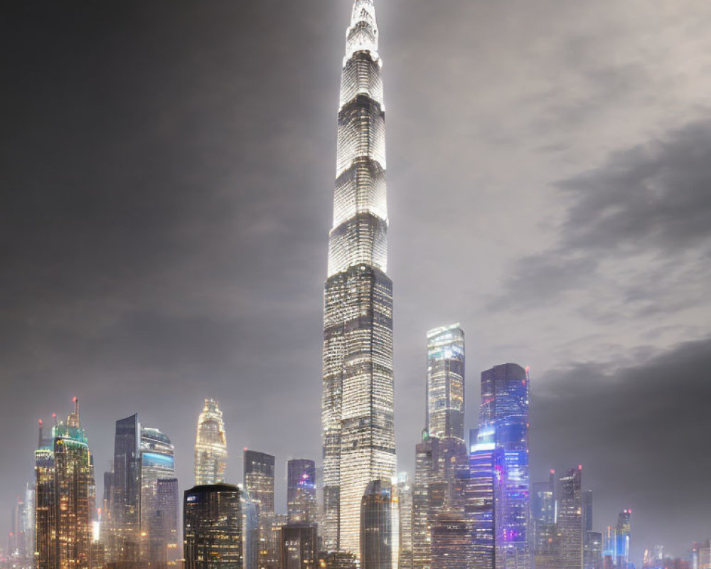 Towering skyscraper in nighttime cityscape with illuminated buildings