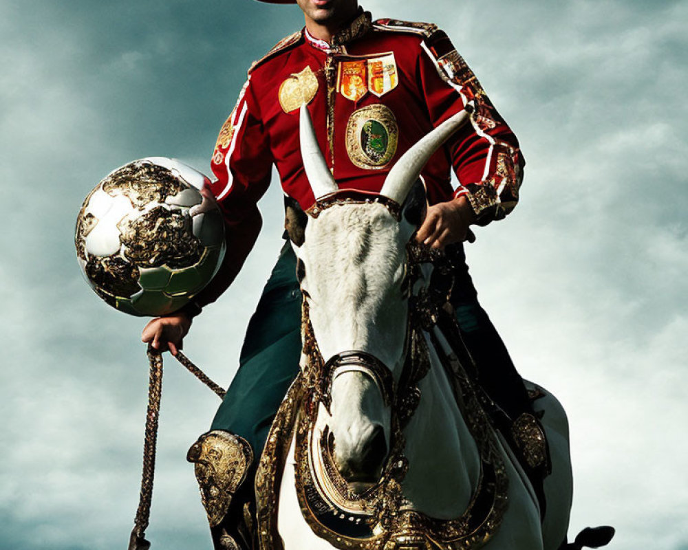 Matador on White Horse in Traditional Costume under Blue Sky