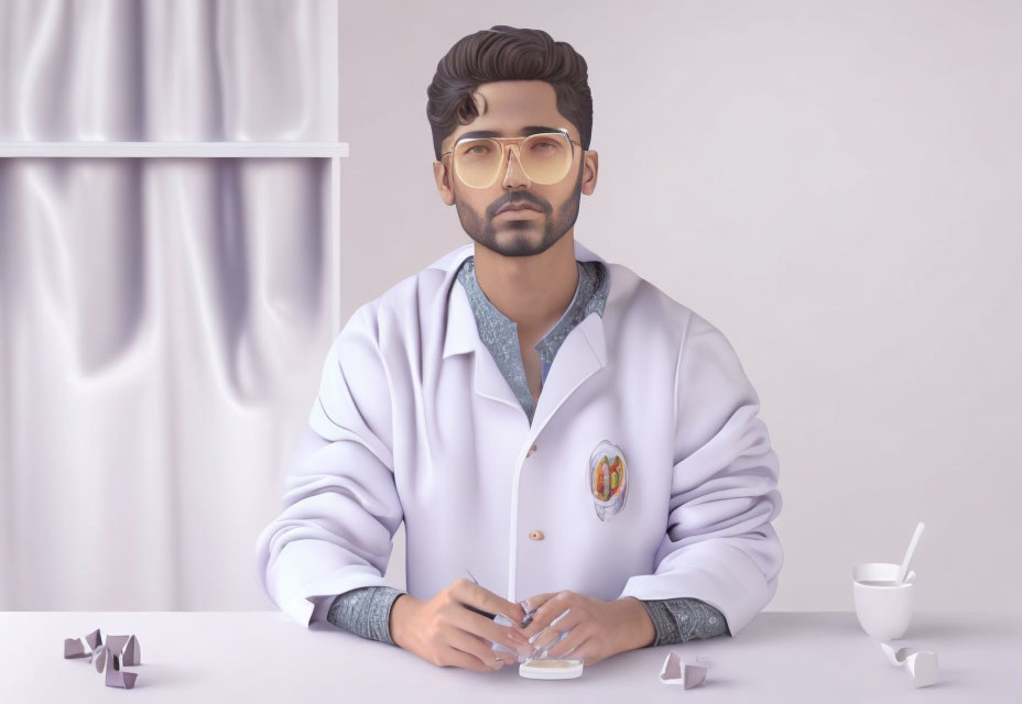 Man in lab coat and glasses at table with coffee cup and stirrer in digital illustration