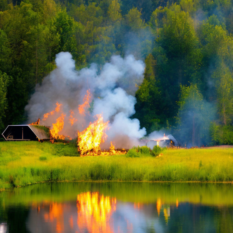 Wildfire near cabin by lake at dusk: trees engulfed, smoke and flames reflected in water