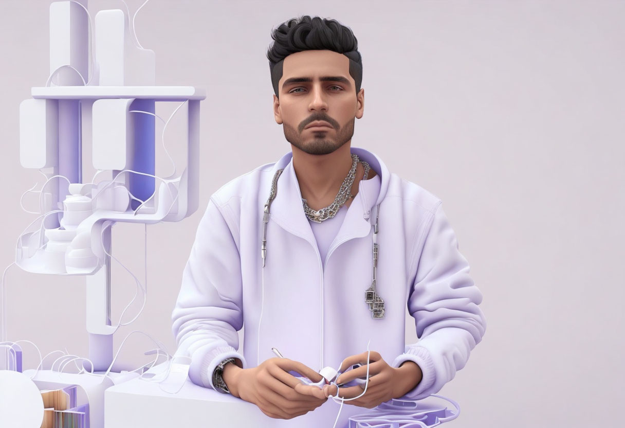 3D-rendered man with beard in white jacket holding earphones