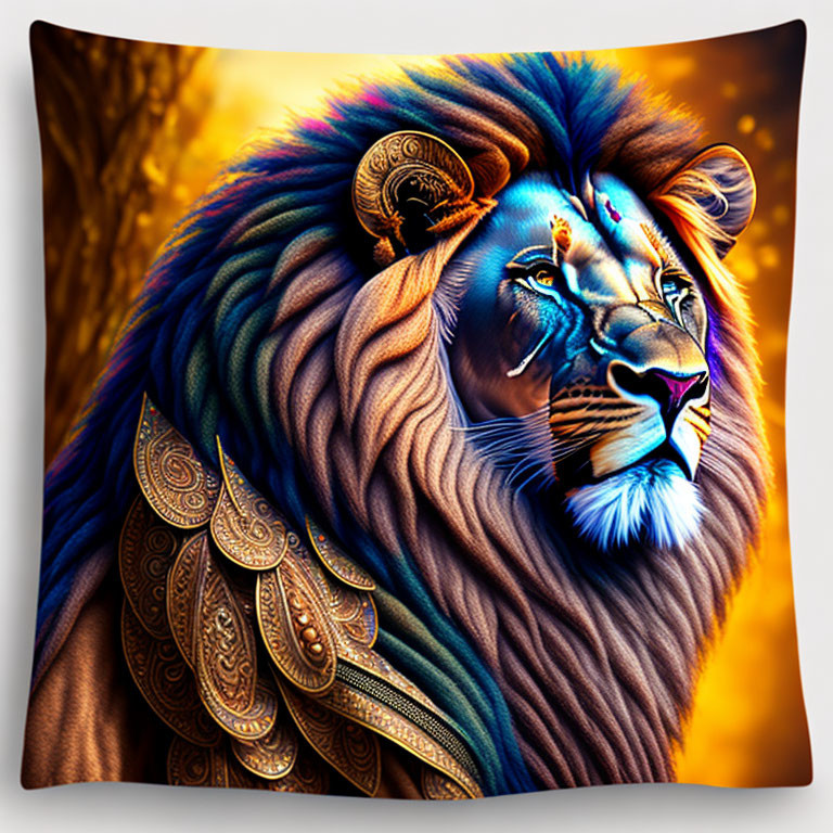 Colorful Stylized Lion Cushion Cover with Autumnal Backdrop