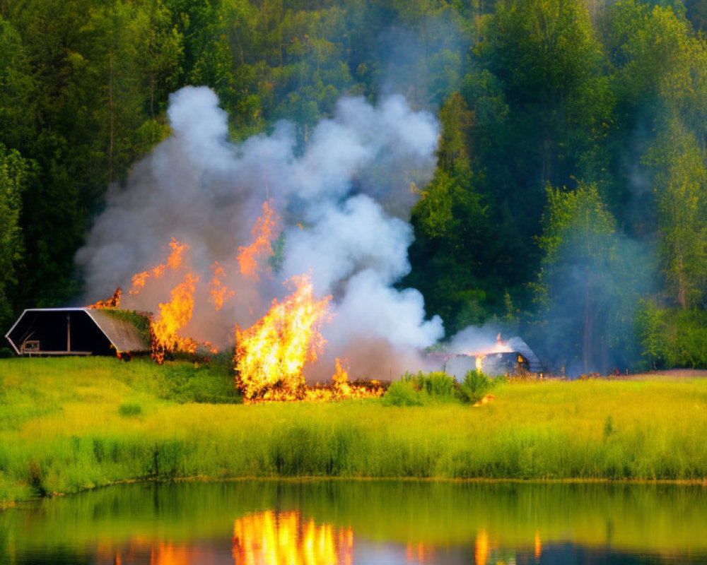 Wildfire near cabin by lake at dusk: trees engulfed, smoke and flames reflected in water