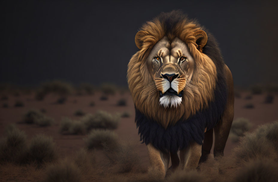 Majestic lion with full mane in twilight savanna