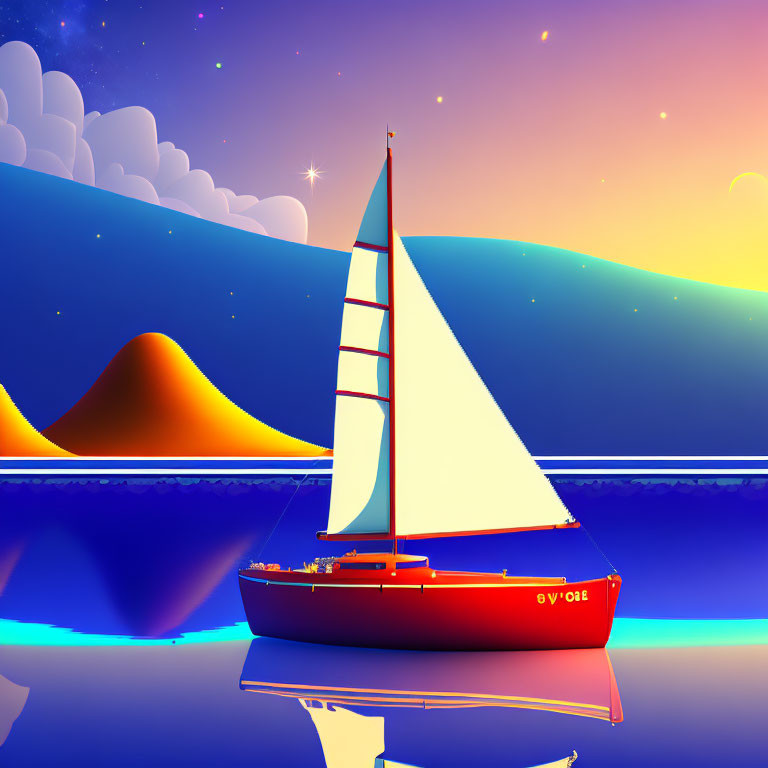 Colorful digital artwork of red sailboat on calm waters at sunset