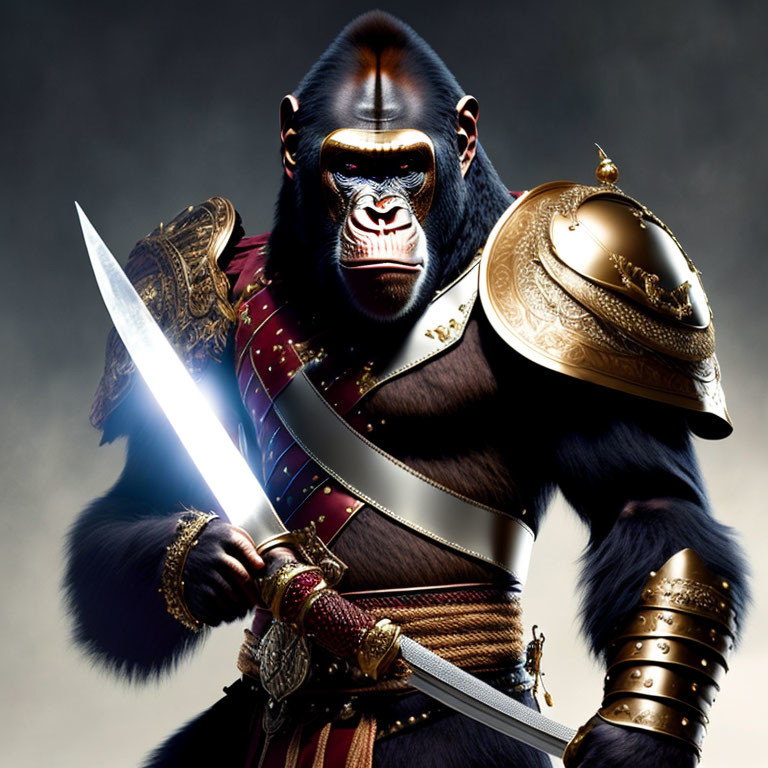 Digitally illustrated gorilla in ornate armor with sword and shield