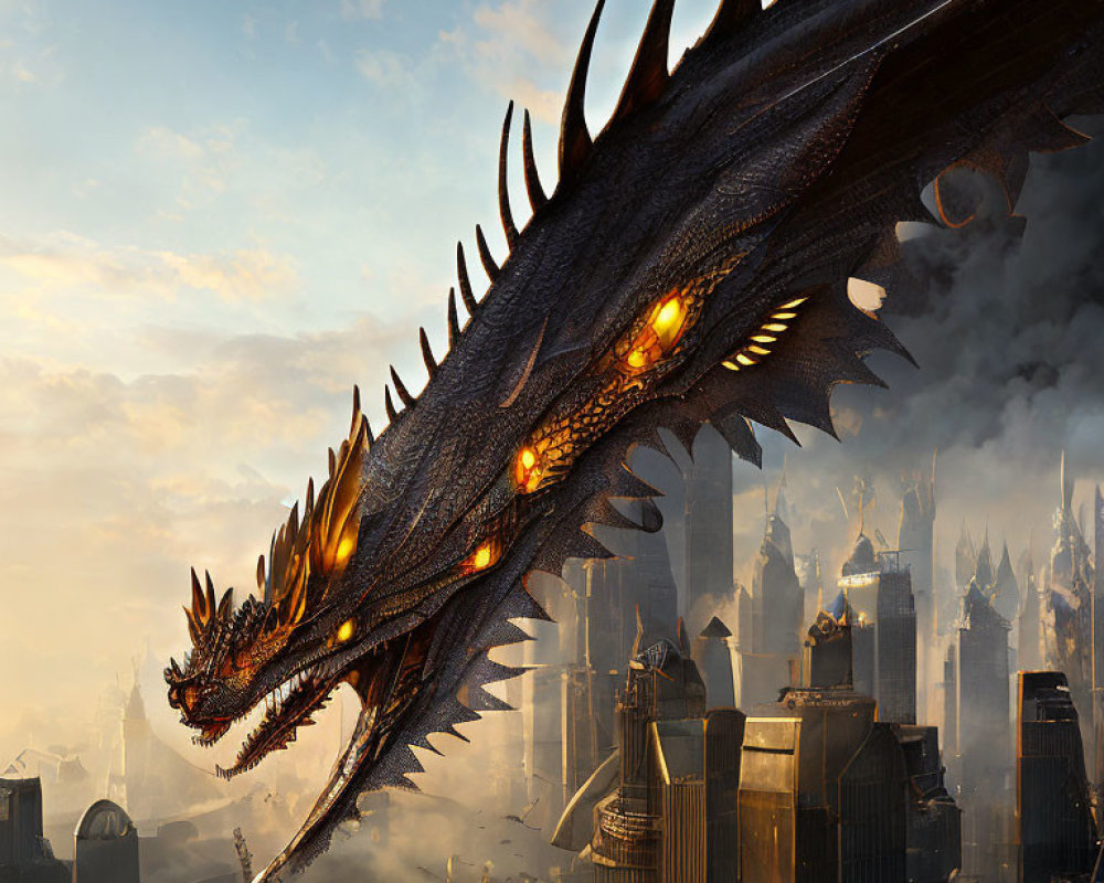 Enormous dragon overlooks cityscape at sunset
