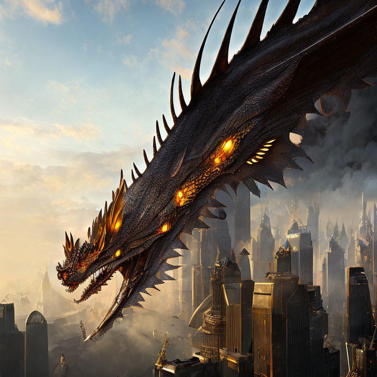 Enormous dragon overlooks cityscape at sunset