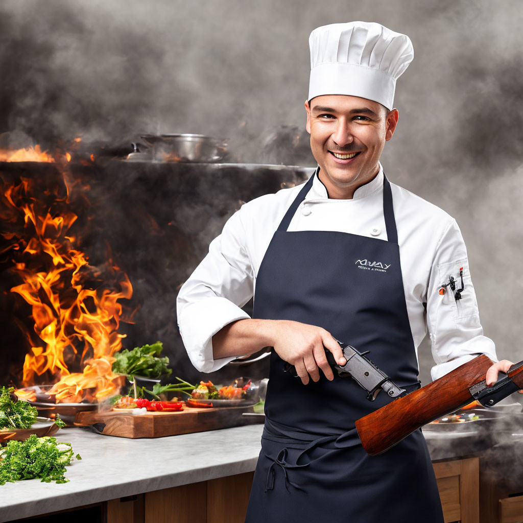 Smiling chef with rolling pin in kitchen setting