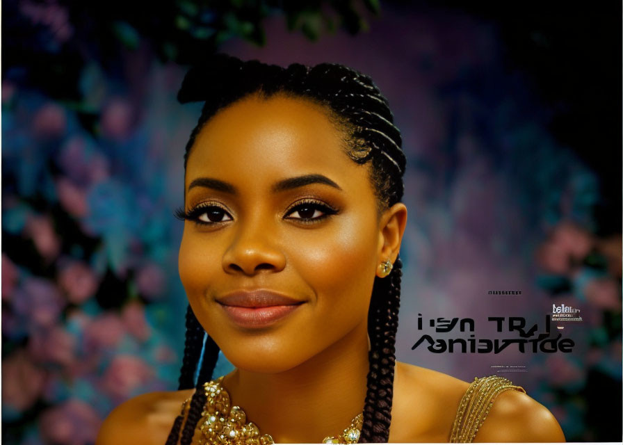 Smiling woman with braided hair in makeup and necklace against floral background