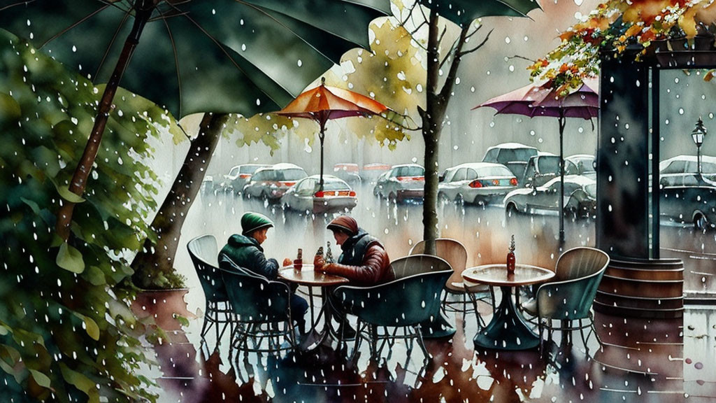 Outdoor cafe scene with two people conversing in the rain under colorful umbrellas