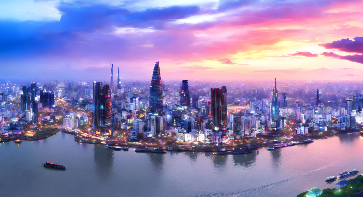 Modern Cityscape Aerial View at Dusk with Skyscrapers and Water Reflections